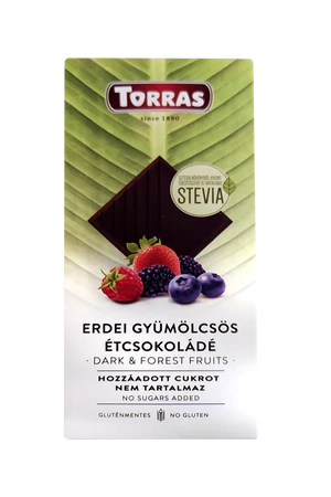 Torras Stevia Erdei Gyümölcsös étcsokoládé hozzáadott cukor nélkül 125 g (gluténmentes) Torras Stevia Erdei Gyümölcsös étcsokoládé hozzáadott cukor nélkül 125 g (gluténmentes)