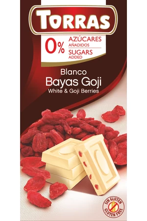 Torras Goji bogyós hozzáadott cukormentes fehércsokoládé  (Gluténmentes) 75 g Torras Goji bogyós hozzáadott cukormentes fehércsokoládé  (Gluténmentes) 75 g