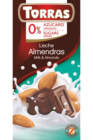 Torras Mandulás hozzáadott cukormentes tejcsokoládé (gluténmentes) 75 g Torras Mandulás hozzáadott cukormentes tejcsokoládé (gluténmentes) 75 g