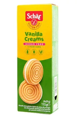 Schar cukormentes, gluténmentes, vanília krémmel töltött keksz Vanilla Creams (4*29g)115g Schar cukormentes, gluténmentes, vanília krémmel töltött keksz Vanilla Creams (4*29g)115g