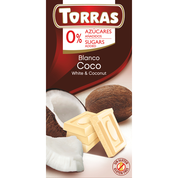 Torras Kókuszos hozzáadott cukormentes fehércsokoládé  (gluténmentes) 75 g